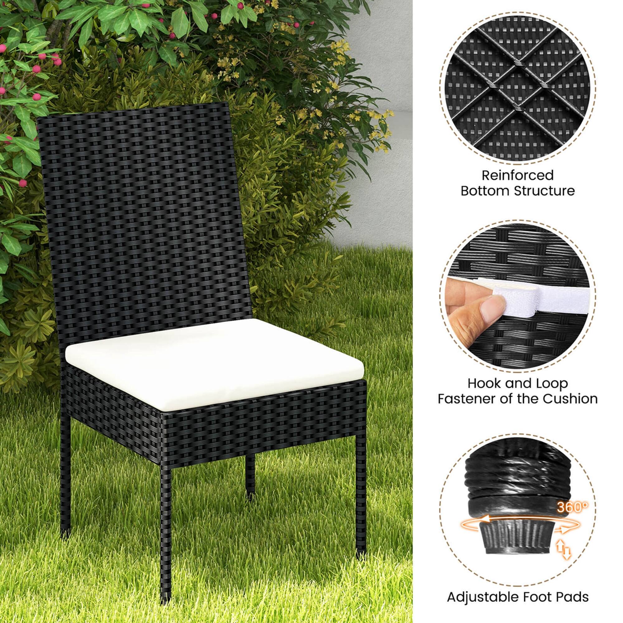 The text on the image is grouped as follows:
1. Reinforced Bottom Structure: This refers to the sturdy base of the chair, which provides stability and durability.
2. Hook and Loop Fastener of the Cushion: This feature allows for easy attachment and detachment of the cushion from the chair frame.
3. 360 Adjustable Foot Pads: These pads provide additional comfort and support for the user's feet, making the chair more versatile and adaptable to different situations.