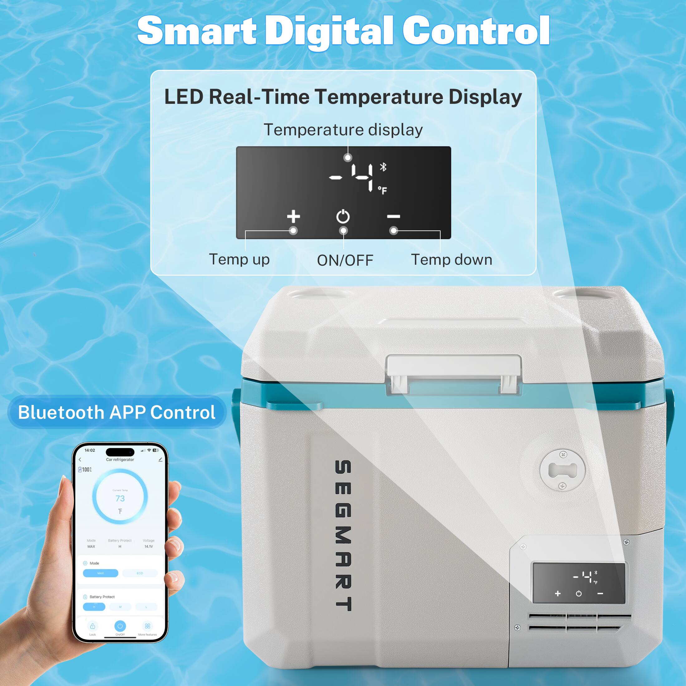 Smart Digital Control

LED Real-Time Temperature Display  
Temperature display

Temp up ON/OFF Temp down

Bluetooth APP Control