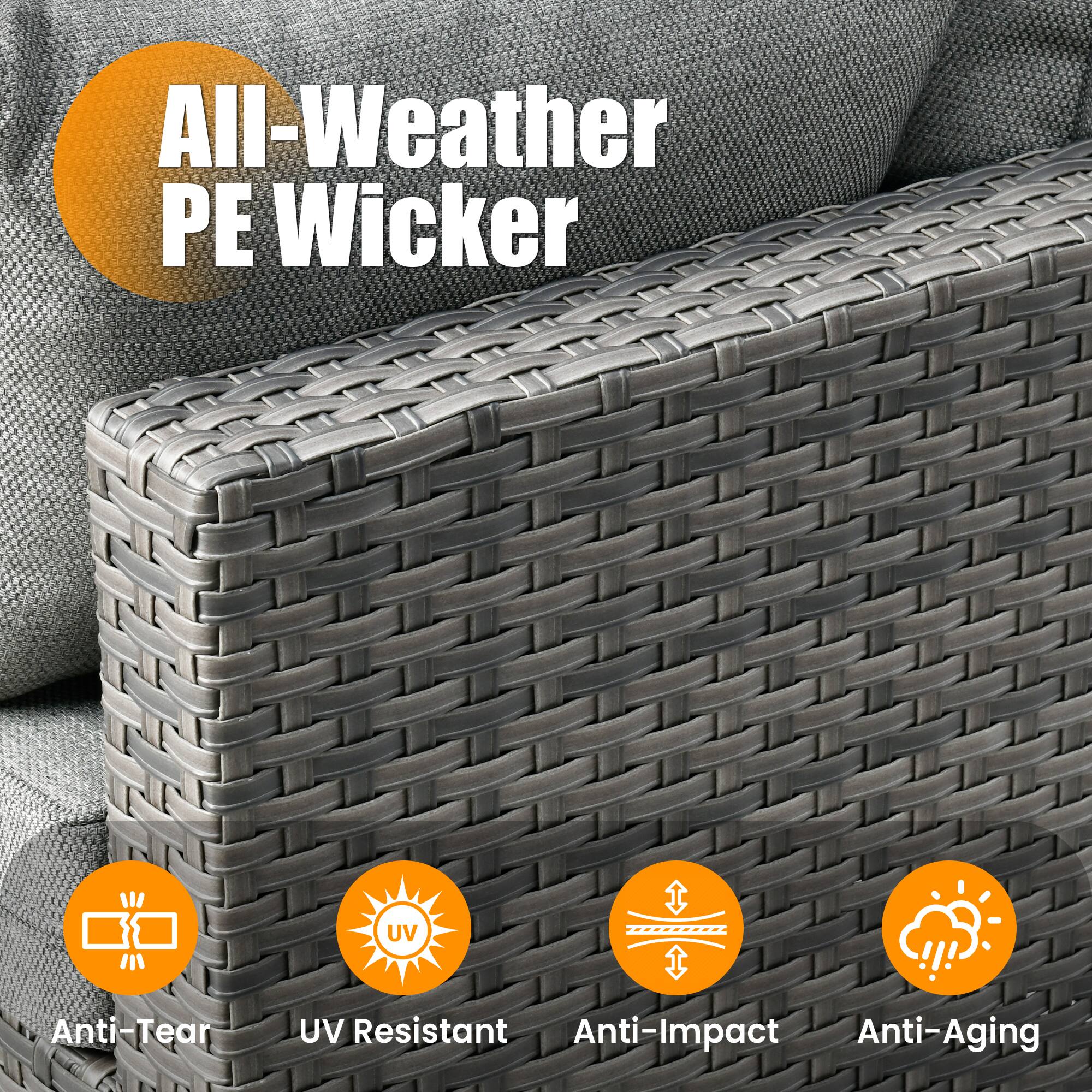All-Weather PE Wicker

- Anti-Tear
- UV Resistant
- Anti-Impact
- Anti-Aging