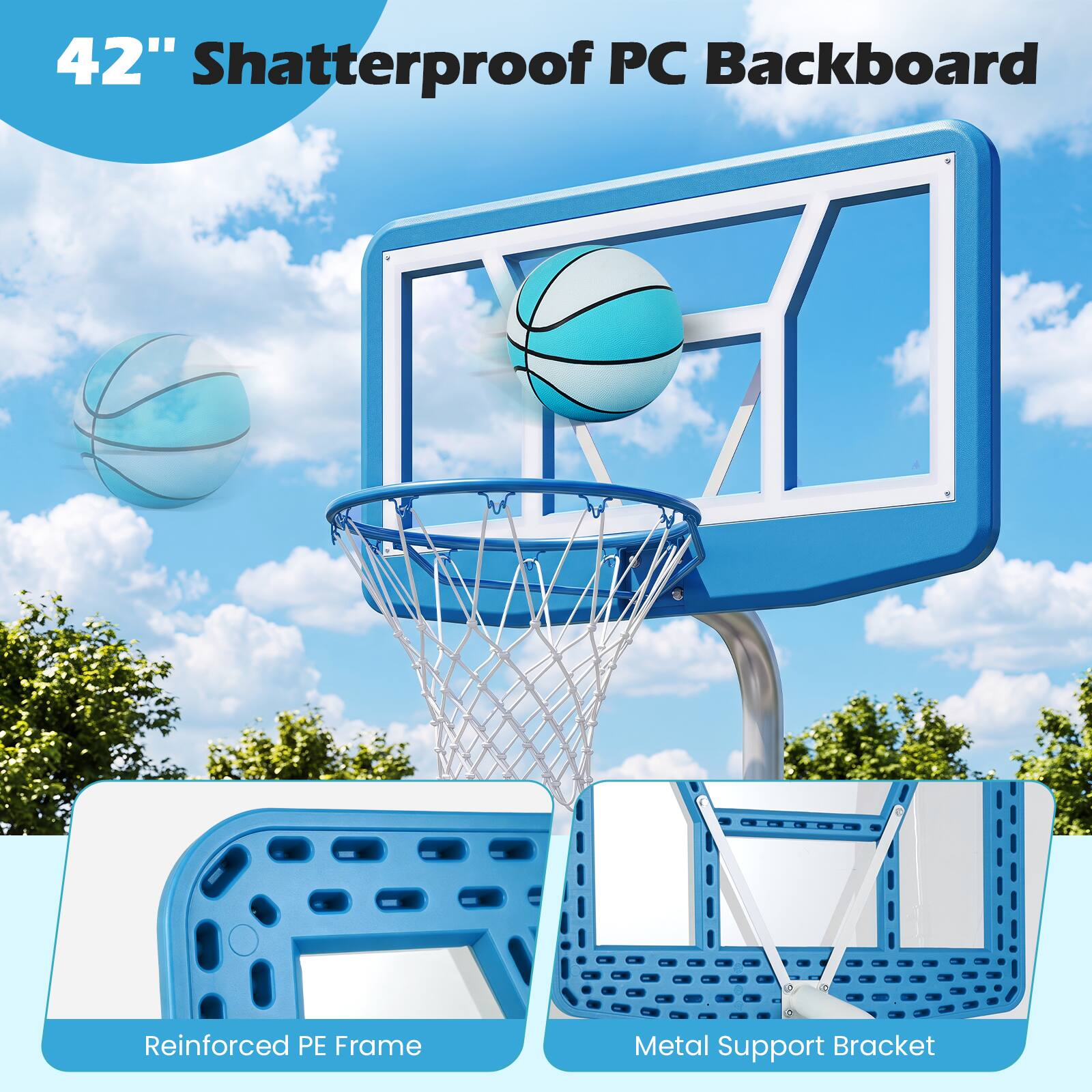 42" Shatterproof PC Backboard Reinforced PE Frame Metal Support Bracket