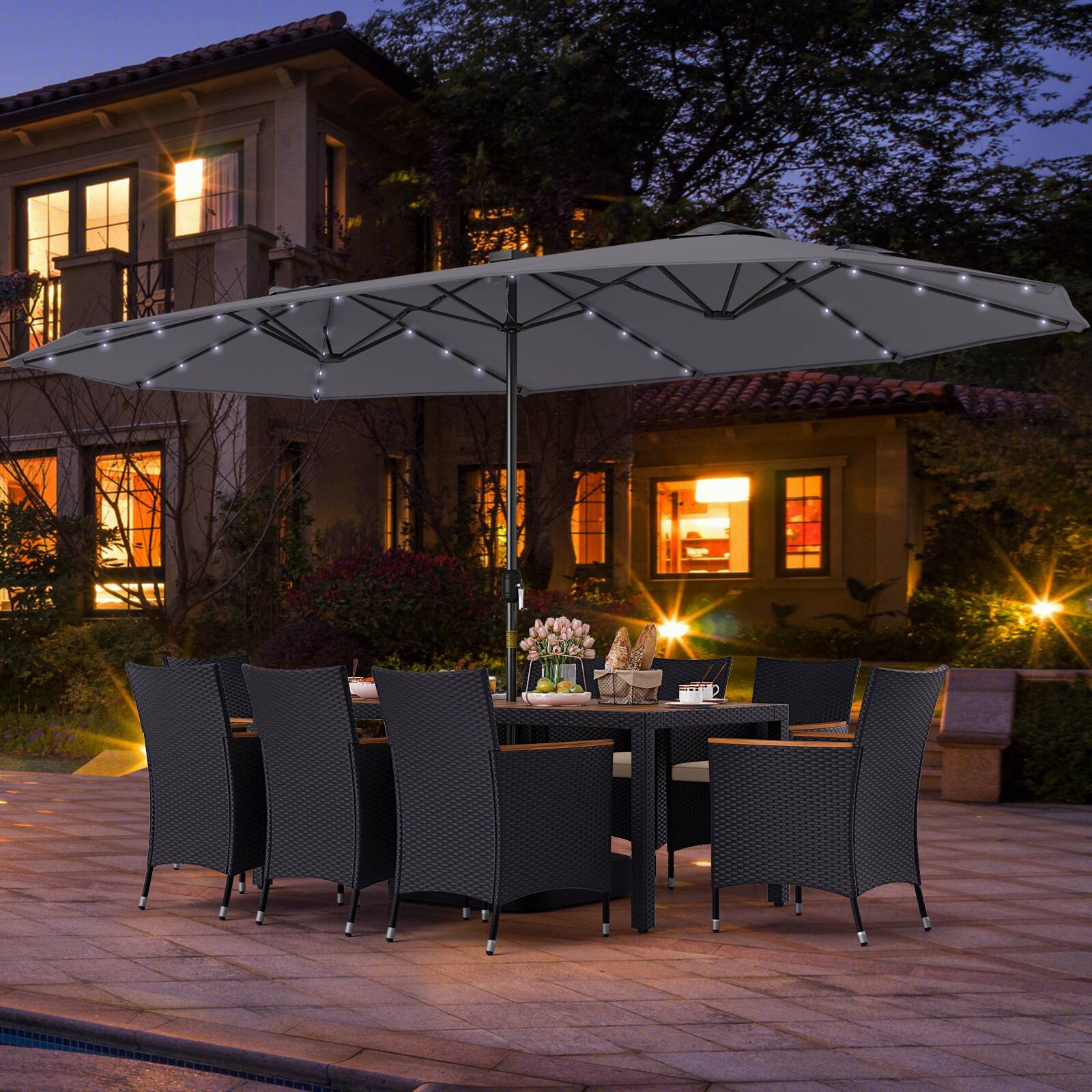 Alt View 3. Gymax - Gymax Set Of 11 Patio Dining Set w/ 15ft Double-Sided Patio Umbrella (Base Included) Gray - Gray.