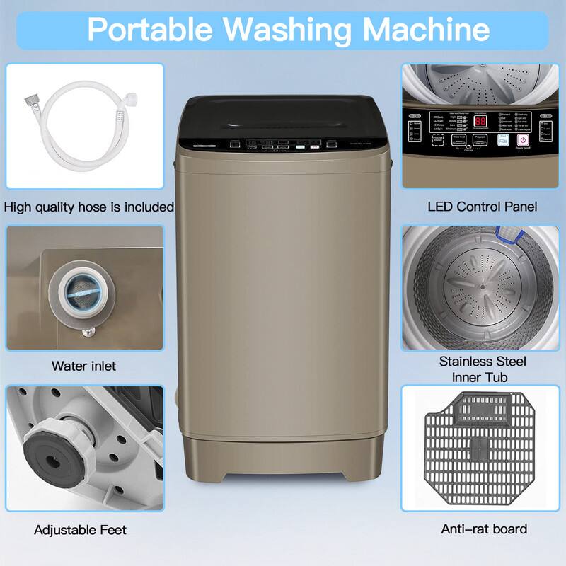 Portable Washing Machine

- High quality hose is included
- LED Control Panel
- Water inlet
- Stainless Steel Inner Tub
- Adjustable Feet
- Anti-rat board
