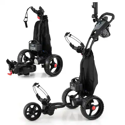 Front. Gymax - Gymax Electric Golf Push Cart w/Adjustable Handle & 9 Speed Settings Umbrella Holder - Black.