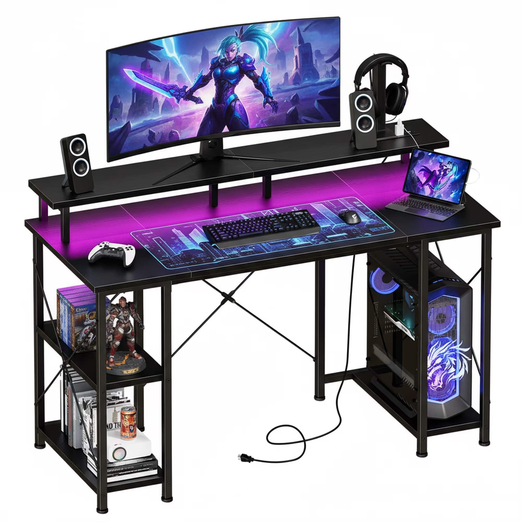 Sweet - 48" Computer Gaming Desk with Power Outlets LED Lights and Reversible Monitor Stand, Storage Shelves & Hooks - Black