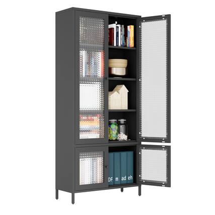 Front. Spaco - Large Metal Display Cabinet, Black Freestanding Storage with 4 Glass Doors and 5 Shelves, Modern Bookcase - Black.