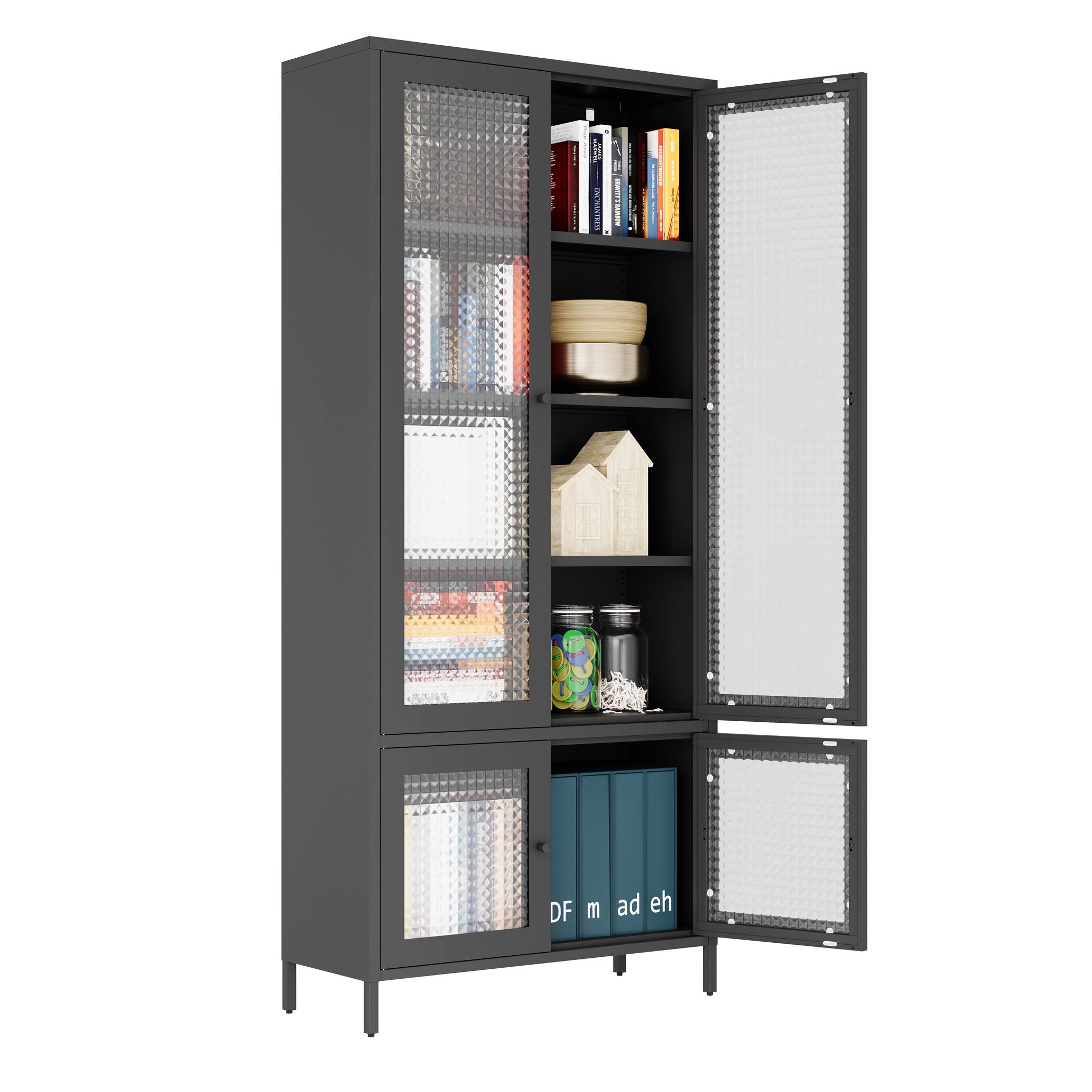 Front. Spaco - Large Metal Display Cabinet, Black Freestanding Storage with 4 Glass Doors and 5 Shelves, Modern Bookcase - Black.
