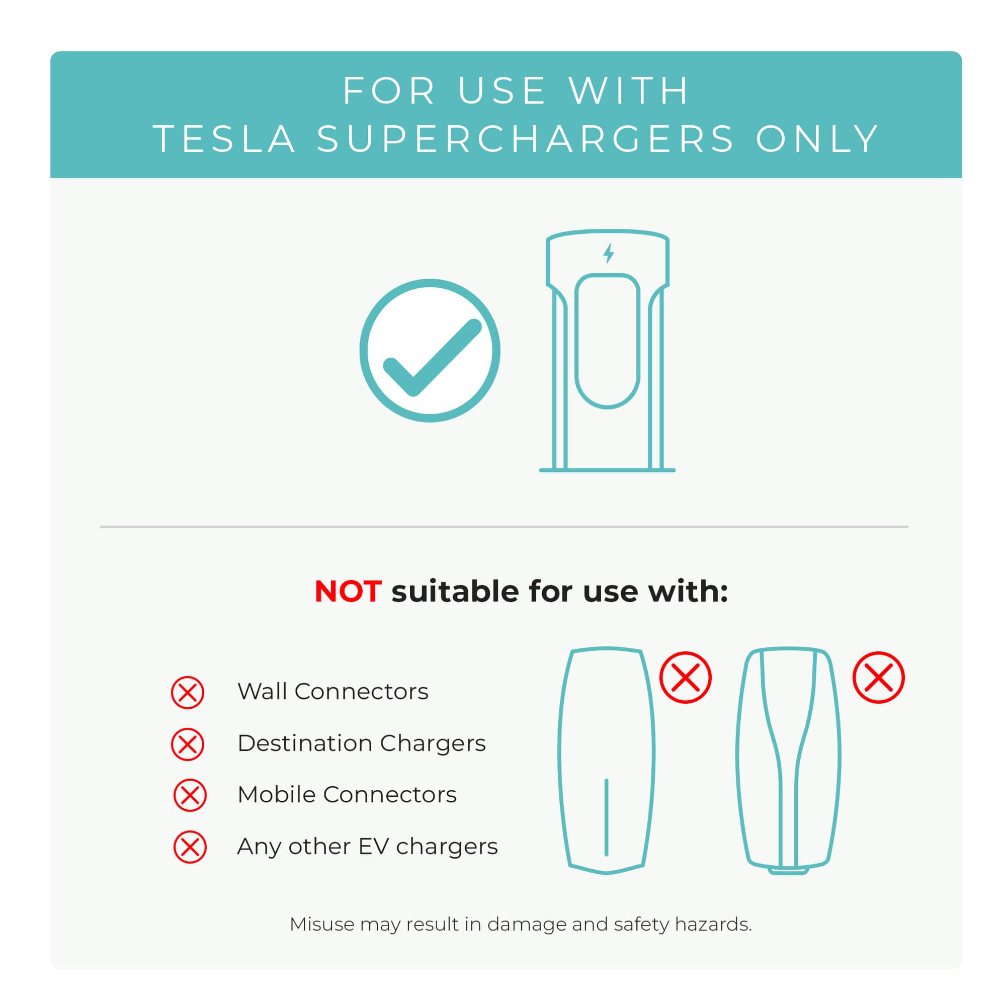 FOR USE WITH TESLA SUPERCHARGERS ONLY
NOT suitable for use with:
Wall Connectors
Destination Chargers
Mobile Connectors
Any other EV chargers
Misuse may result in damage and safety hazards.