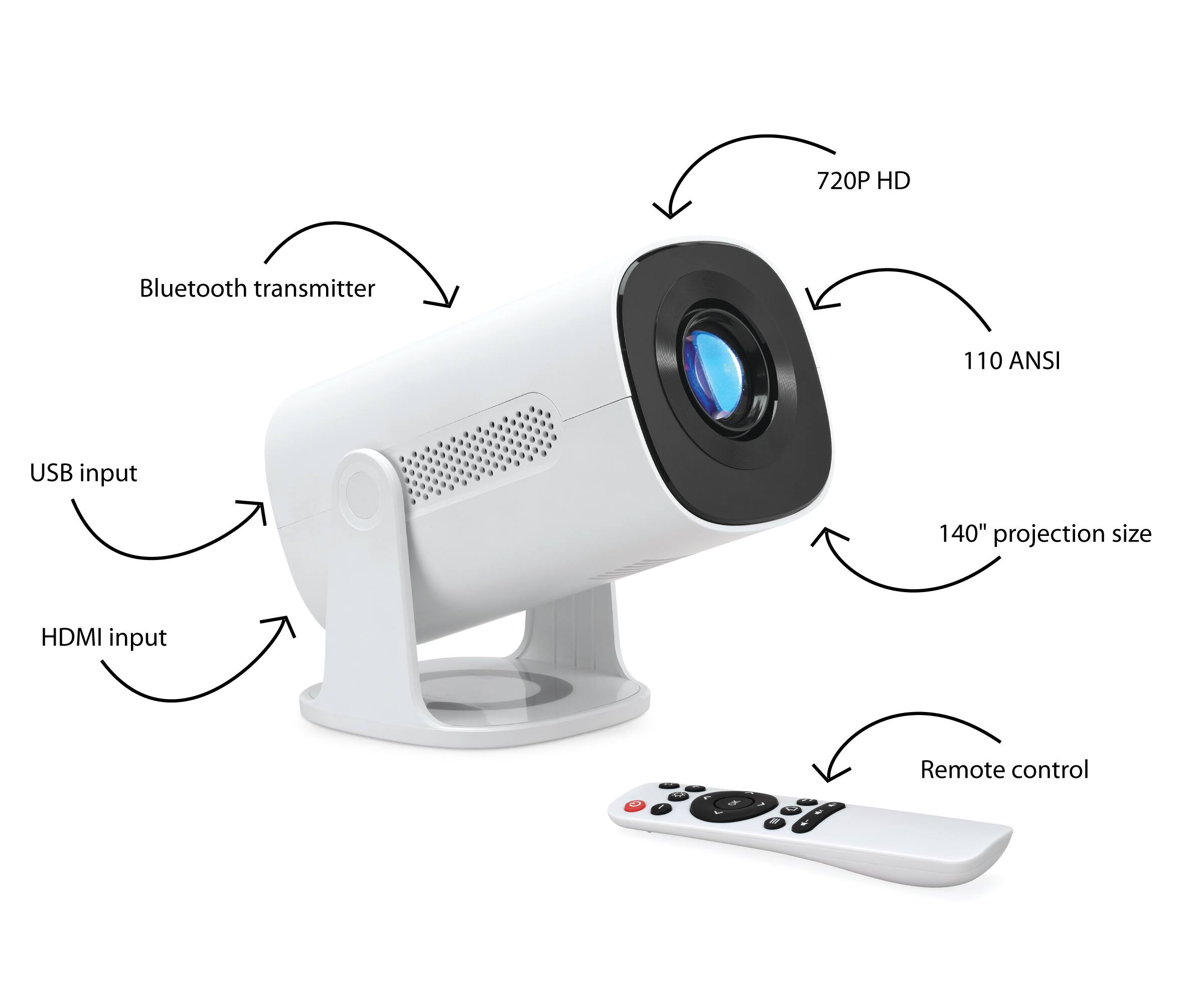 720P HD  
Bluetooth transmitter  
110 ANSI  
USB input  
HDMI input  
140" projection size  
Remote control