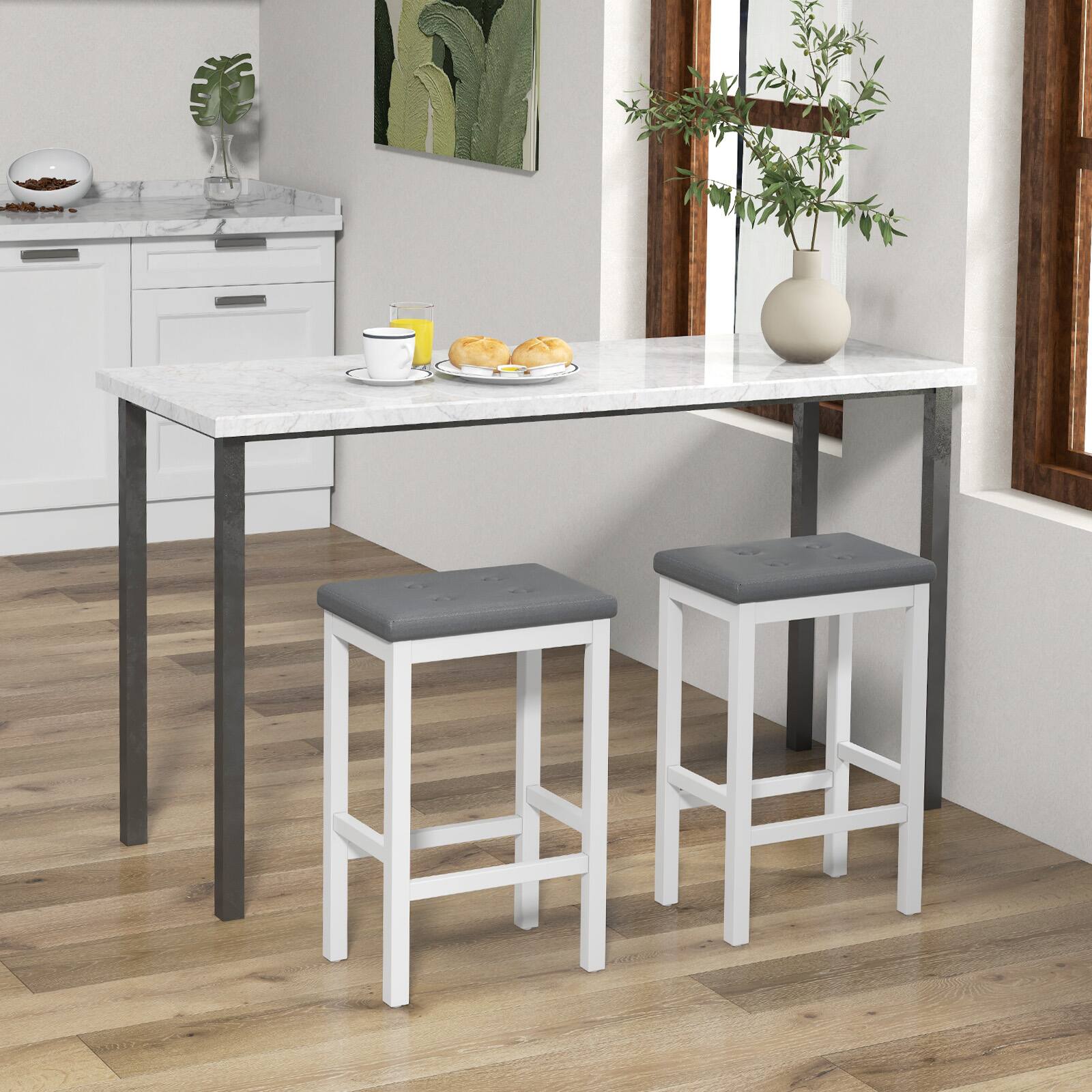 Alt View 1. Ecooso - Counter Height Bar Stools Set of 2, 24 Inch Padded Seat with Footrest and Wood Frame - White.