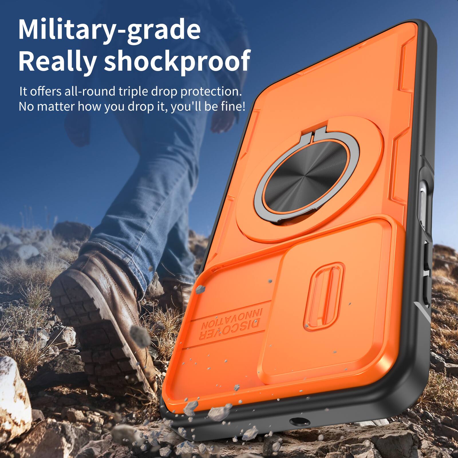 Military-grade Really shockproof.  
It offers all-round triple drop protection.  
No matter how you drop it, you'll be fine!  

INNOVATION VA ONNI DISCOVER