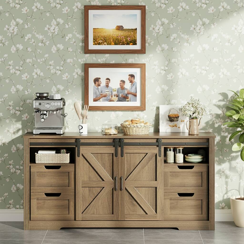 Front. GARVEE - TV Stand, with 4 Drawers and Adjustable Shelf - Walnut.