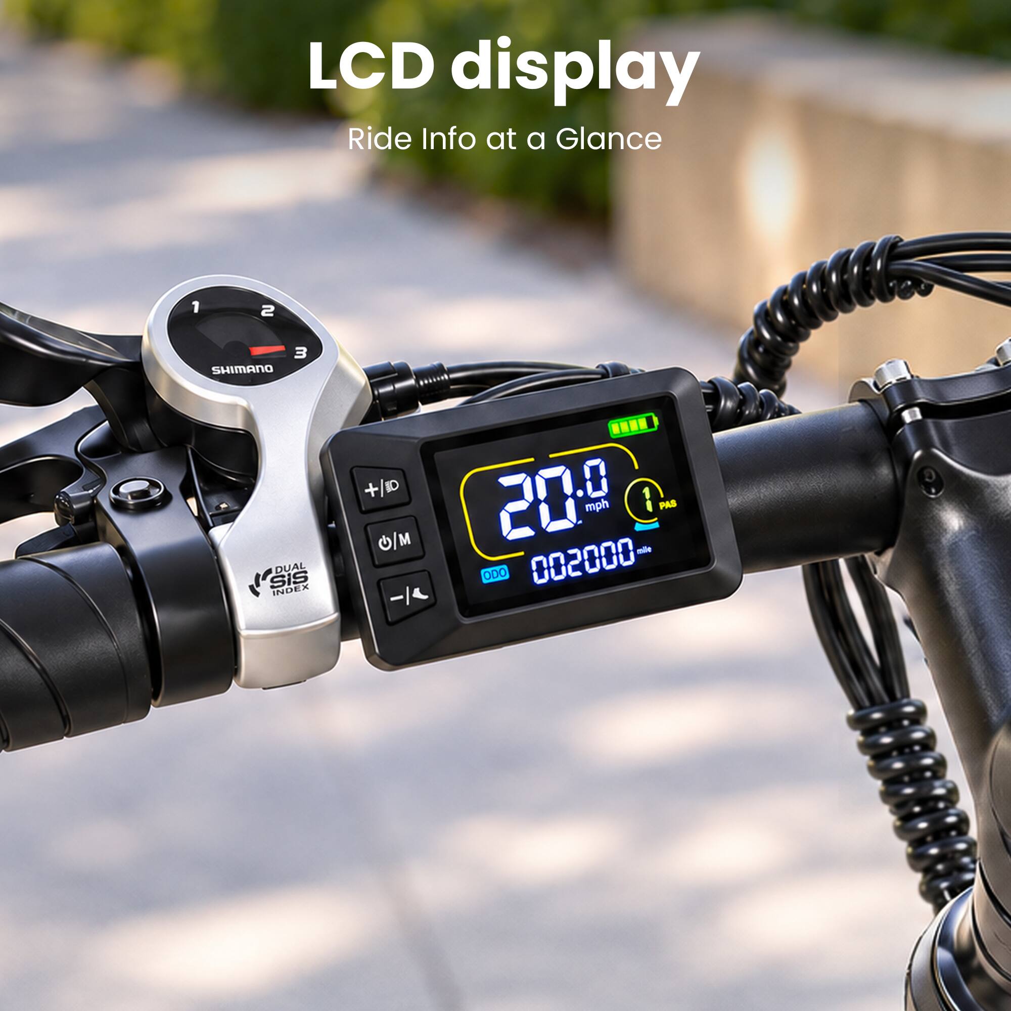 LCD display  
Ride Info at a Glance

1  
2  
3  
SHIMANO  
DUAL SIS INDEX  
+ ID O/M  
III 20.9 mph mile 1 PAS ODO 002000-