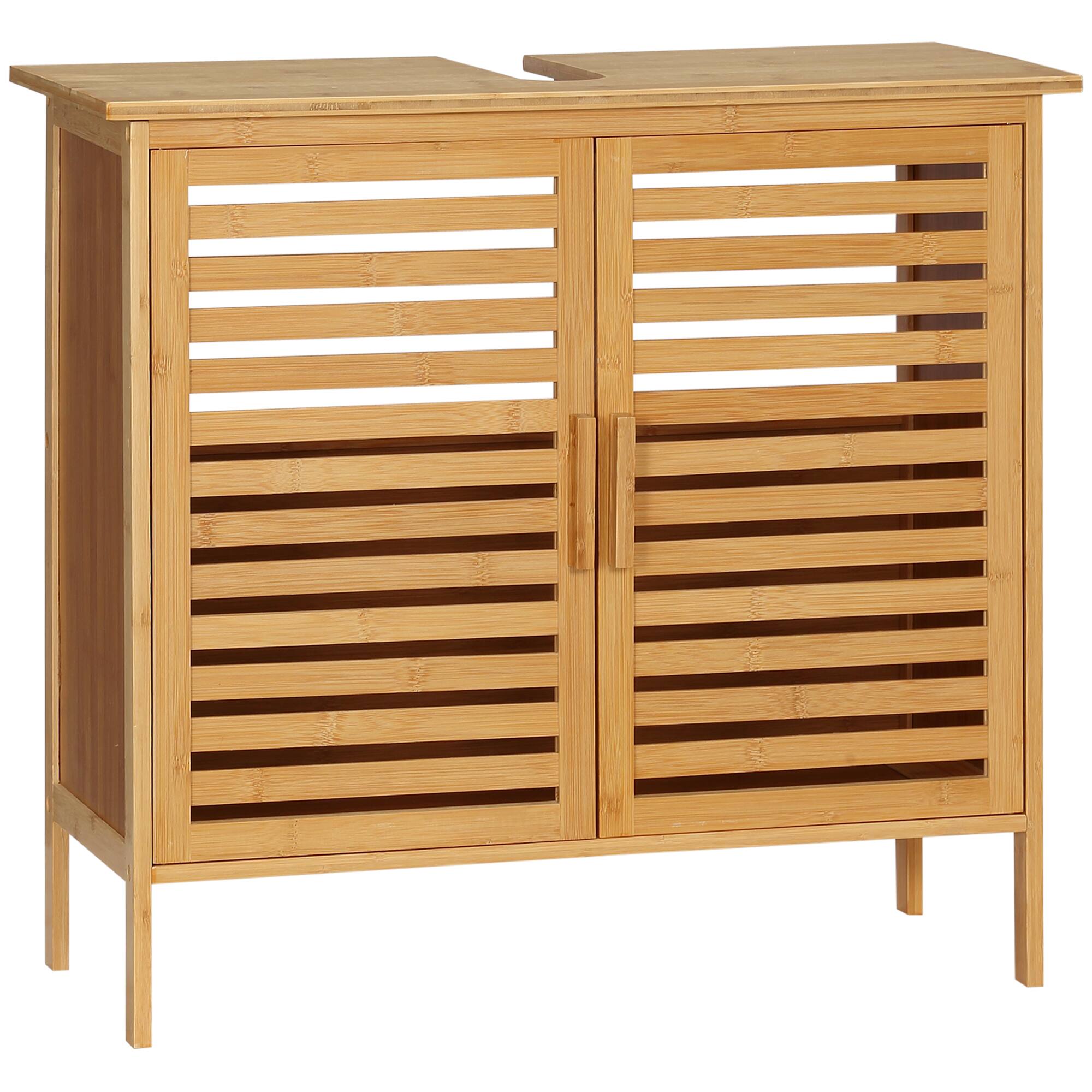 Front. Homcom - Bamboo Under Sink Cabinet with 2 Slatted Doors, Freestanding Bathroom Sink Cabinet, Bathroom Vanity Cabinet - Natural Wood.