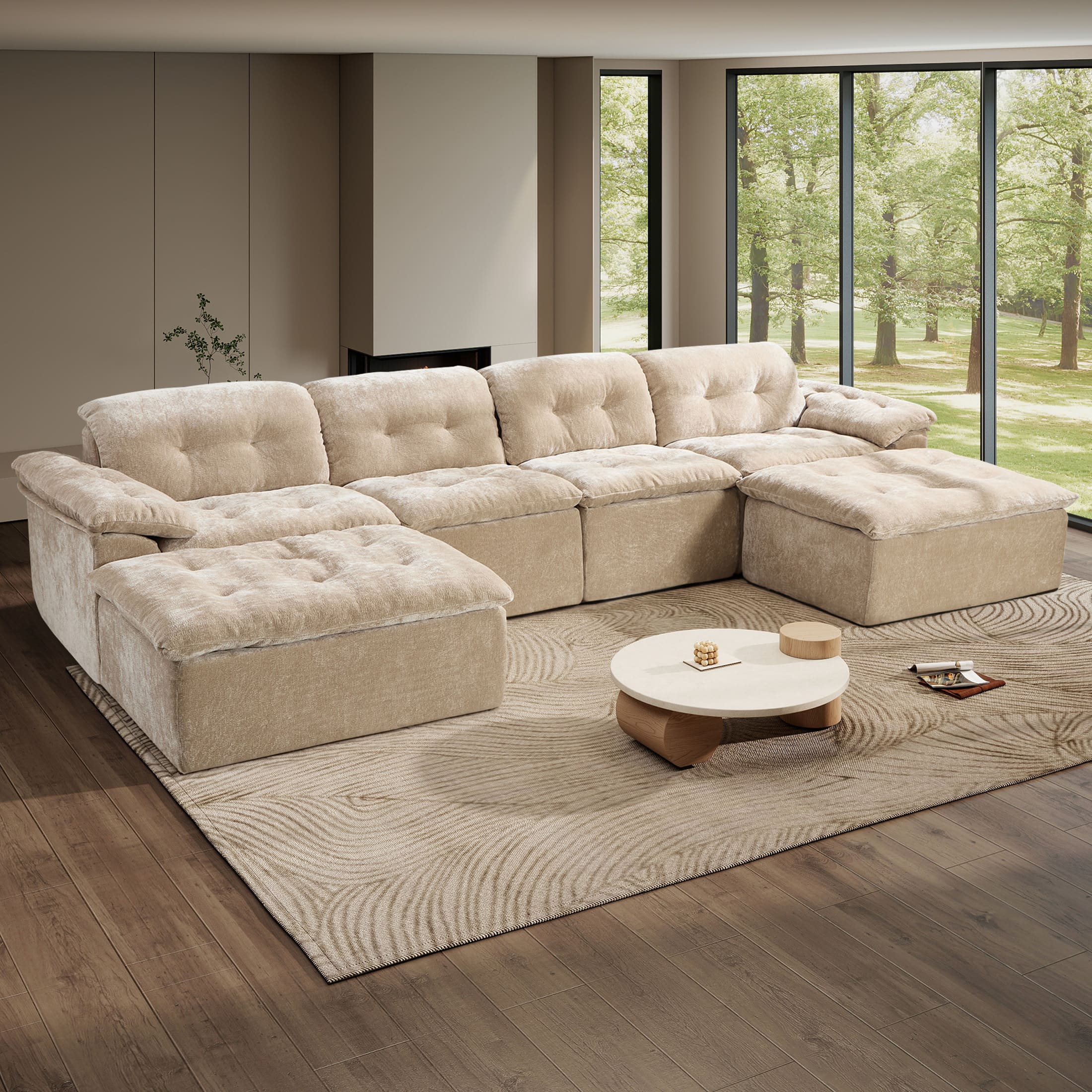 Anysun - 4-Seater Chenille Upholstery Modular Convertible Design Generous Seating Cushioned Sofa with 2 Versatile Ottomans - Coffee
