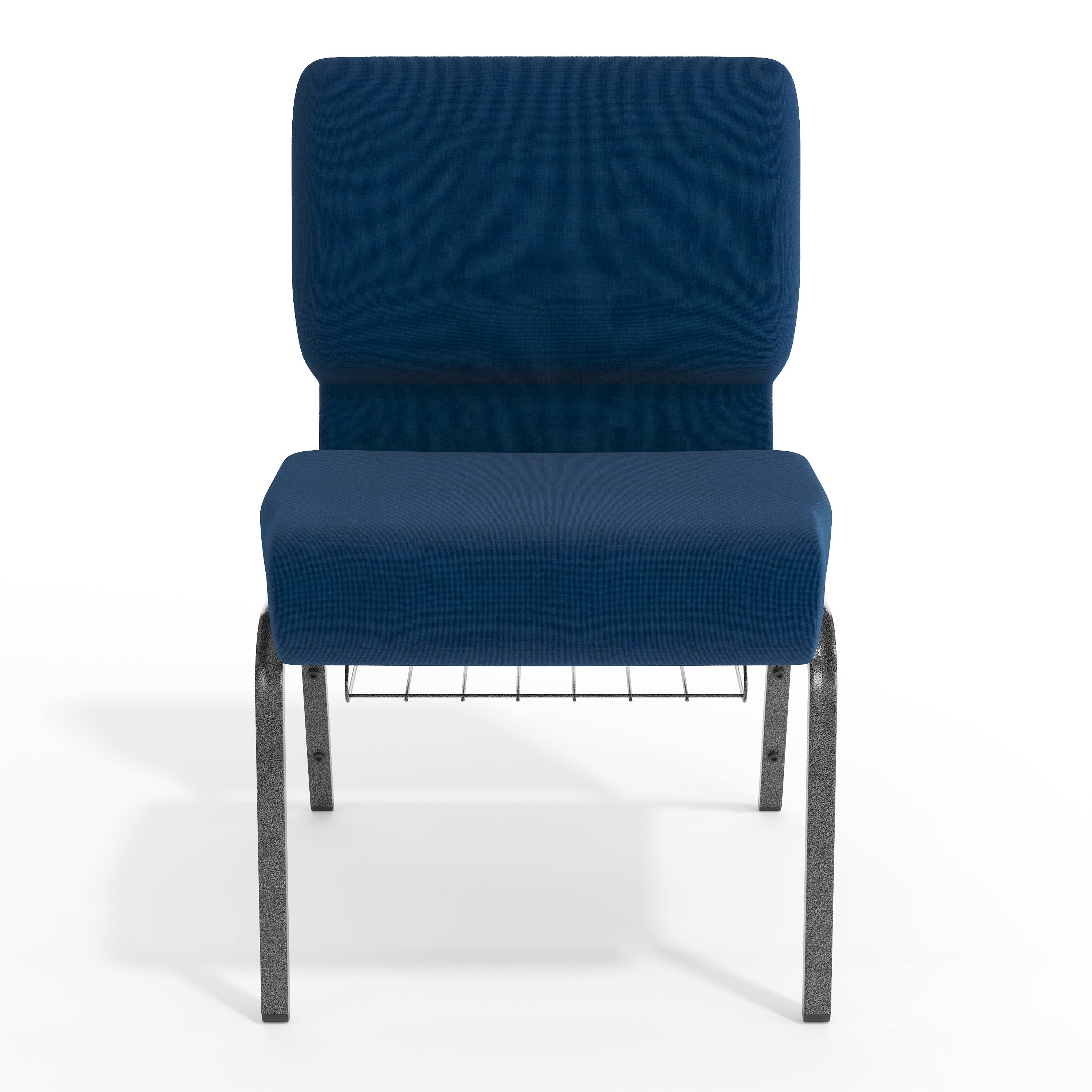 Angle. Flash Furniture - HERCULES Series 21''W Church Chair in Navy Blue Fabric with Cup Book Rack - Silver Vein Frame - Blue.