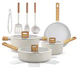 NutriChef - 14-Piece Pots and Pans Set Ceramic Cookware Set w/Ladle, Tongs, Spatula - White