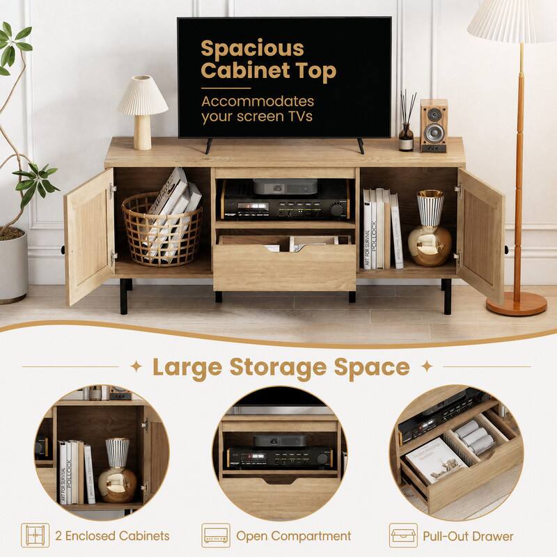 Spacious Cabinet Top Accommodates your screen TVs  
Large Storage Space  
2 Enclosed Cabinets  
HIGHT Open Compartment  
Pull-Out Drawer