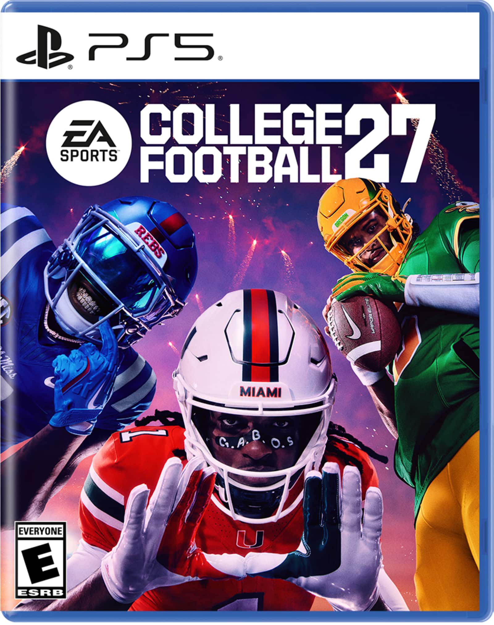 PS5 EA COLLEGE 27 SPORTS FOOTBALL  
BREGON REBS  
MIAMI G.A.B. B S C. A. O.S  
EVERYONE E ESRB - E (Everyone)