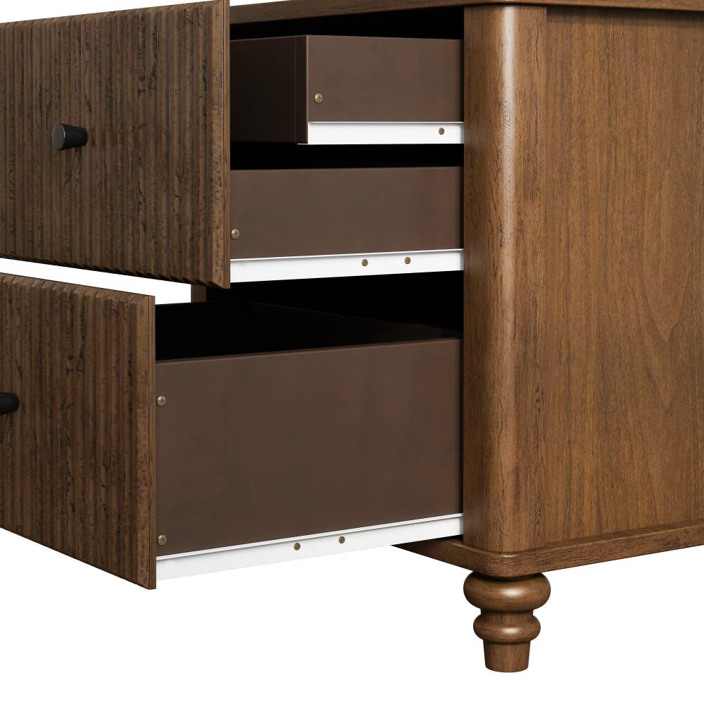 Alt View 2. JUJABU - Mid Century Wood Fluted Nightstand with 3 Drawers and Metal Handle for Bedroom, Walnut - Walnut .