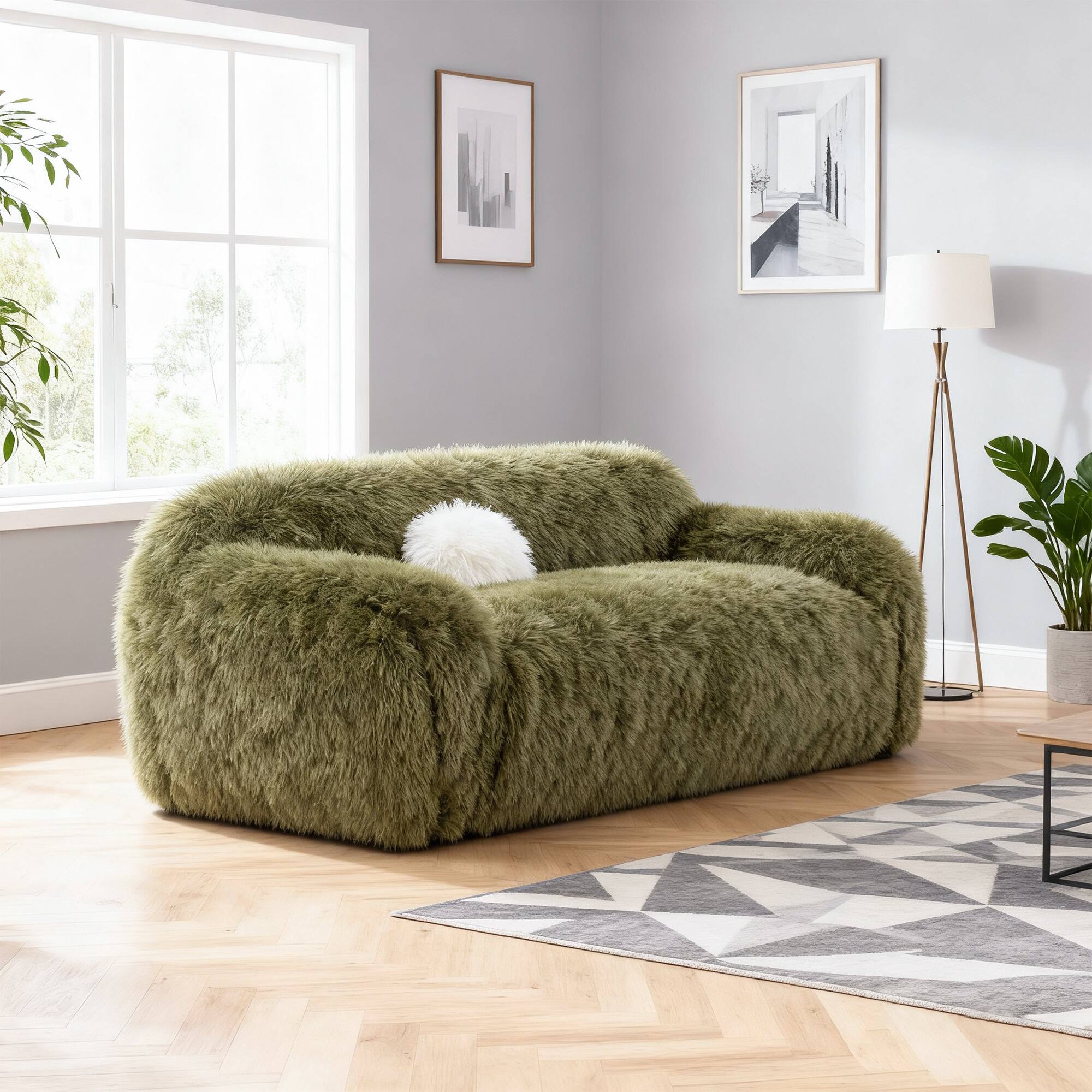 Left. Vaczon - Faux Fur Loveseat Sofa Cozy Shaggy Plush Chair for Home Apartment or Lounge Area with Accent Pillows - Olive Green.