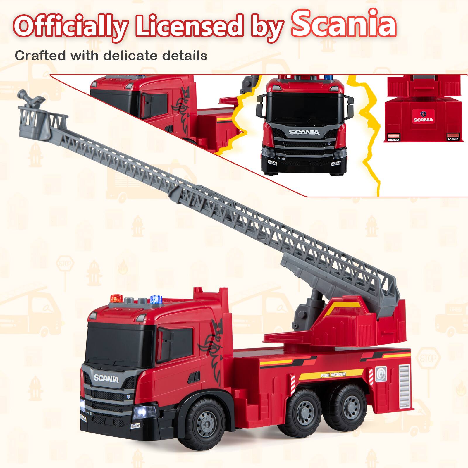 Officially Licensed by Scania  
Crafted with delicate details  
SCANIA  
SCANIA  
SCANIA  
SOWA  
PRO  
1:59  
STOP  
SCANIA  
FIBE RESCUE  
FAC