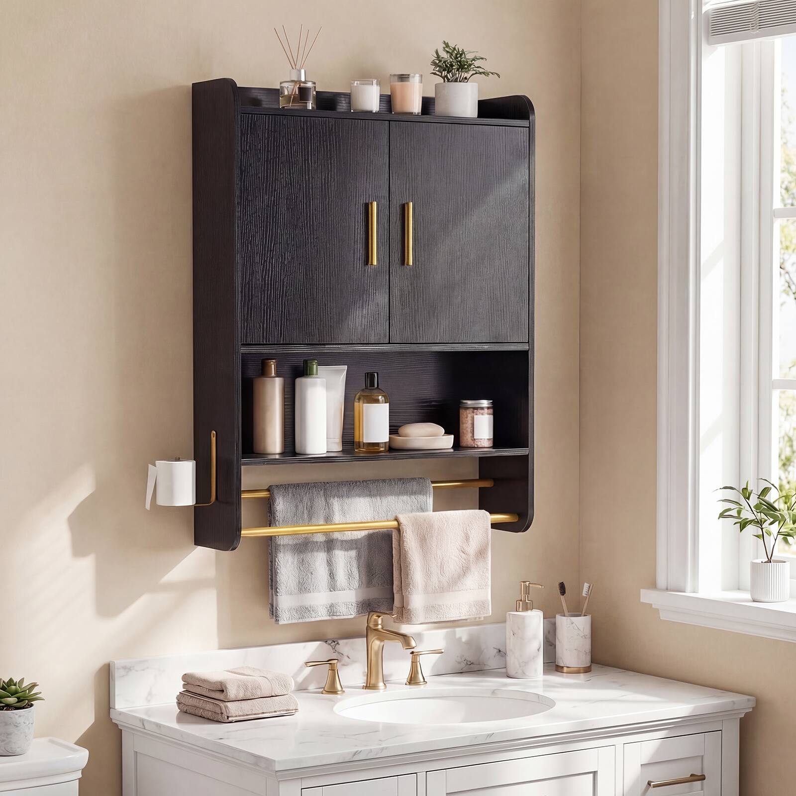 Alt View 1. Costway - Costway Bathroom Wall Cabinet with Towel Bars, Toilet Paper Holder, Adjustable Shelf - Black.