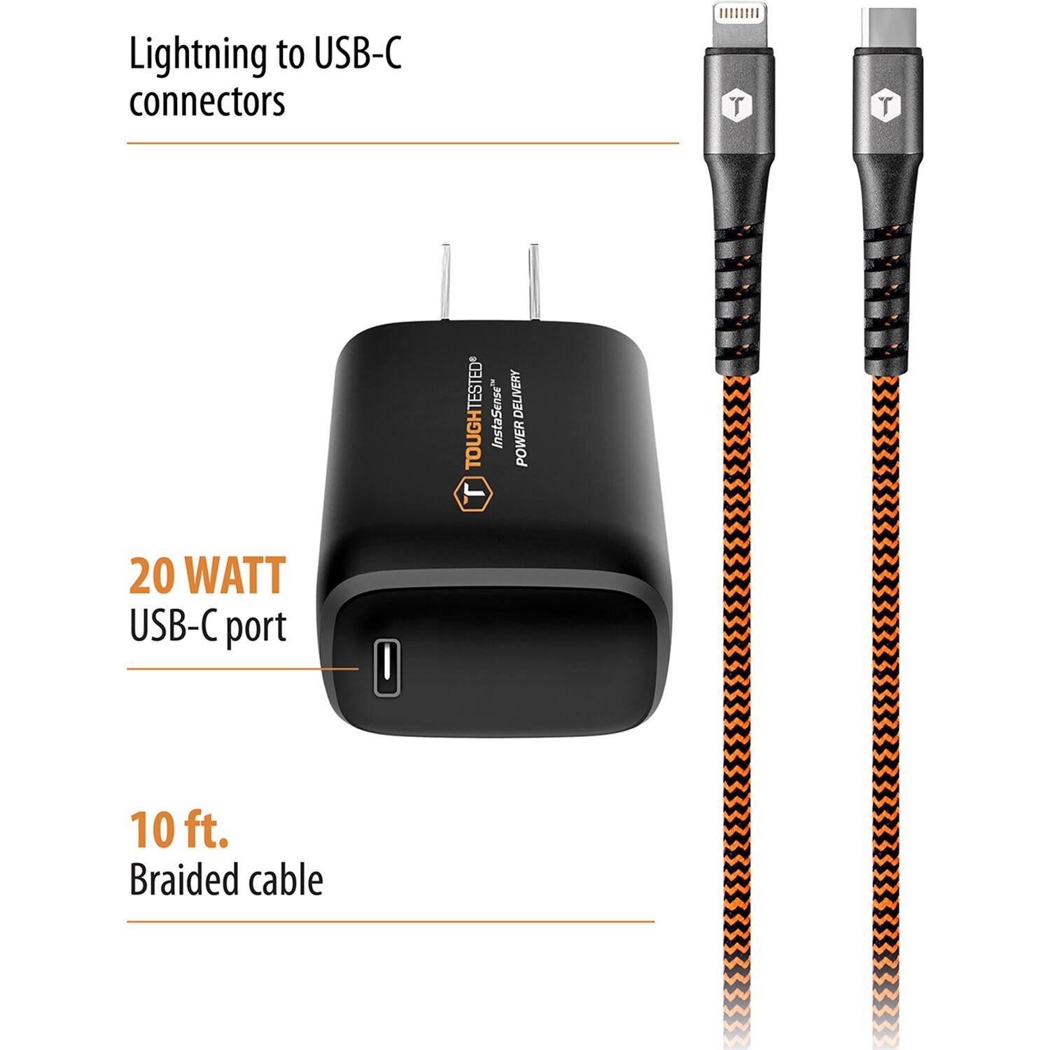 Alt View 12. ToughTested - 20W Apple MFi Certified 10' Wall Charger - Black/Orange.