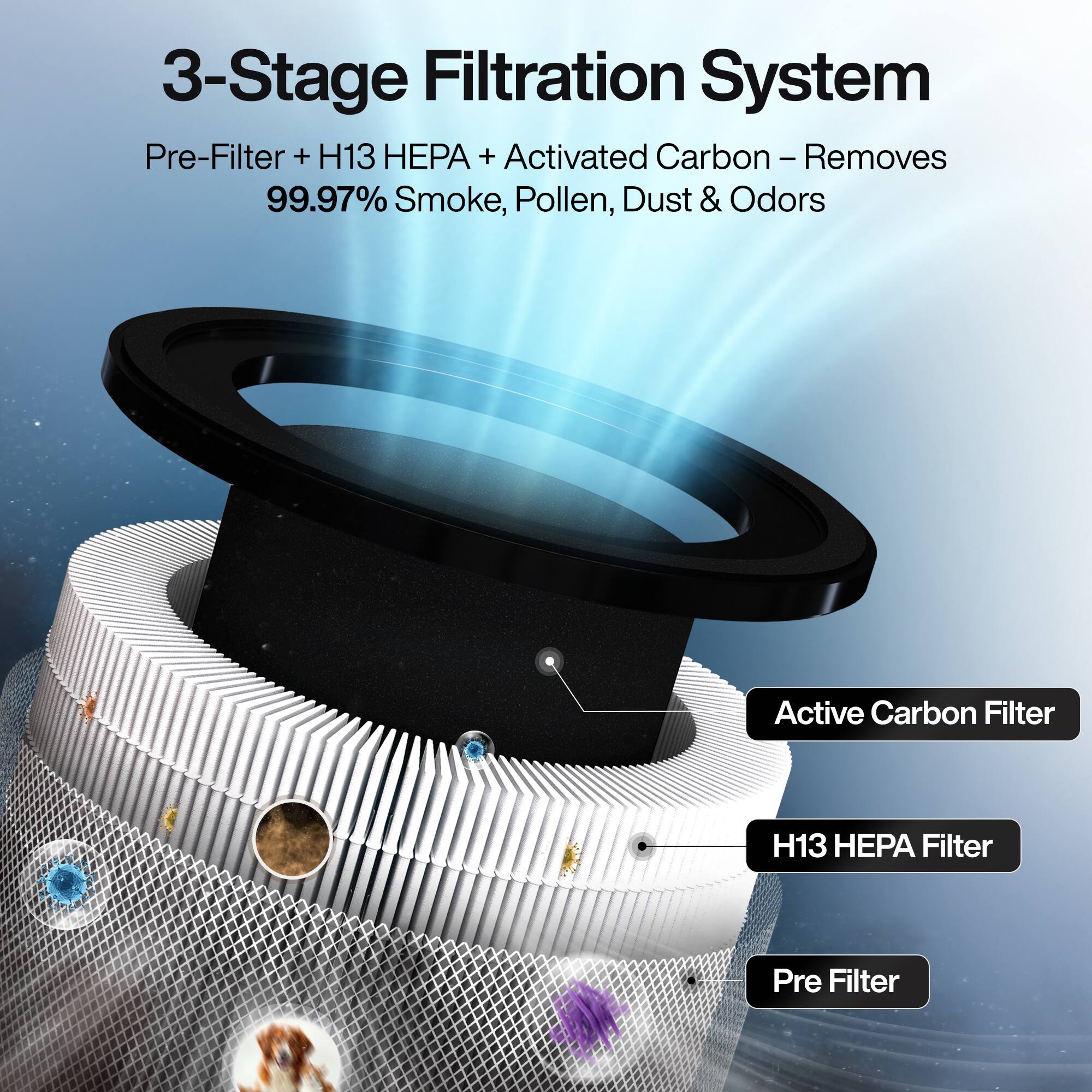 3-Stage Filtration System  
Pre-Filter + H13 HEPA + Activated Carbon – Removes 99.97% Smoke, Pollen, Dust & Odors  

Active Carbon Filter  
H13 HEPA Filter  
Pre Filter