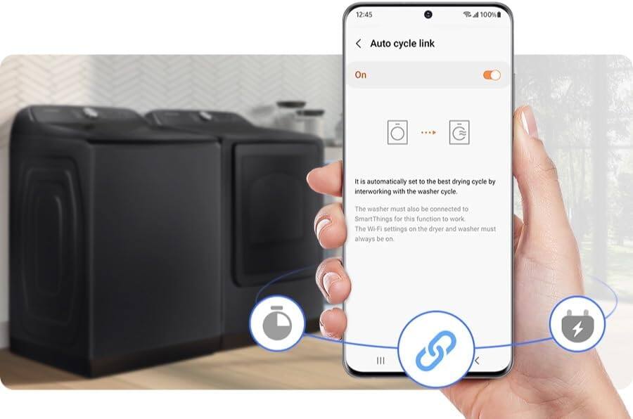 12:45 a 100% Auto cycle link On

It is automatically set to the best drying cycle by interworking with the washer cycle. The washer must also be connected to SmartThings for this function to work. The Wi-Fi settings on the dryer and washer must always be on.