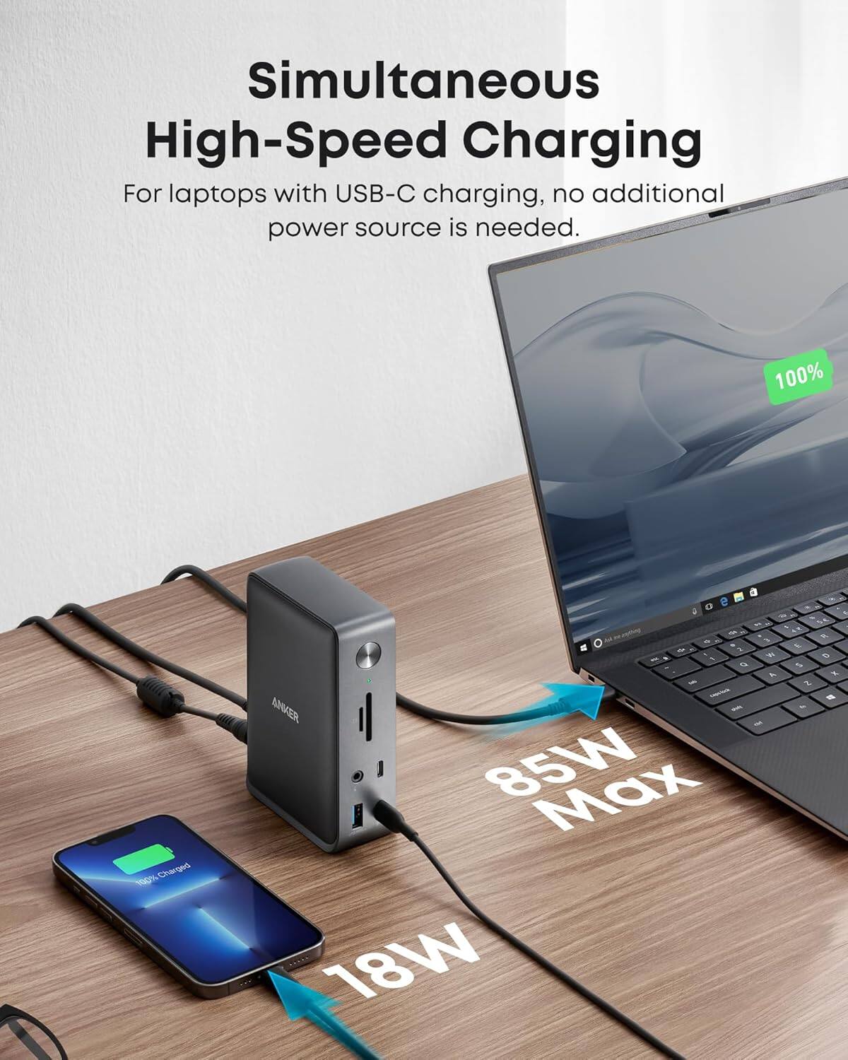 Simultaneous High-Speed Charging  
For laptops with USB-C charging, no additional power source is needed.  

100% Charged  

85W Max  
18W