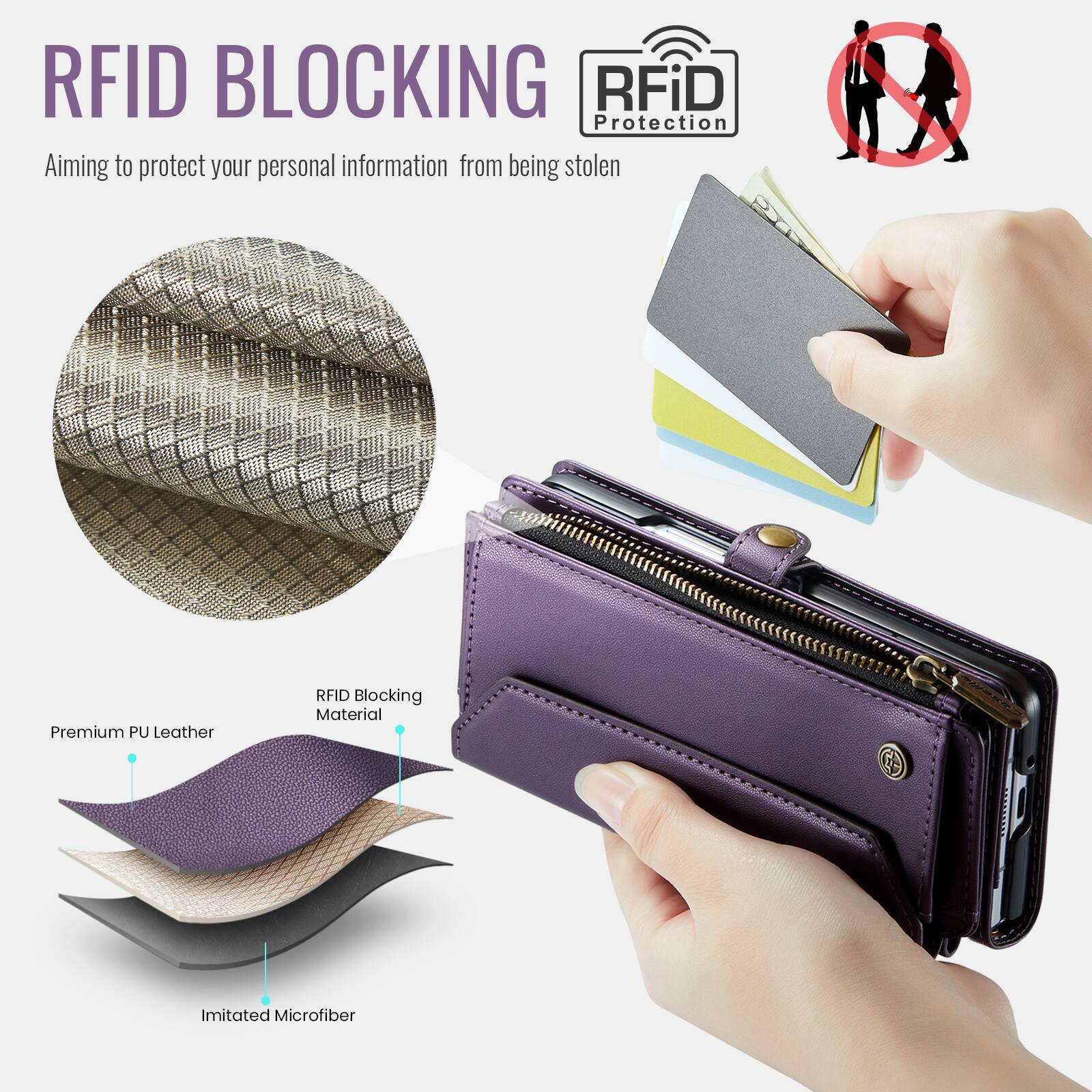 RFID BLOCKING  
Aiming to protect your personal information from being stolen  

RFiD Protection  

Premium PU Leather RFID Blocking Material  
Imitated Microfiber