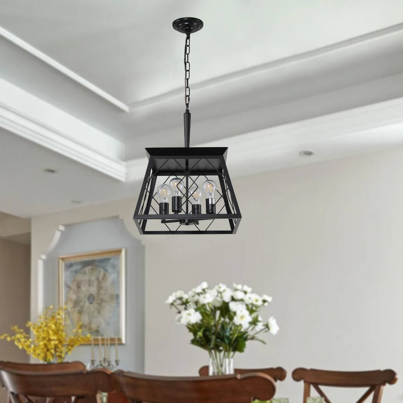 Angle. Tiramisubest - 16" Black Industrial 4-Light Pendant Chandelier, Modern Metal Cage Design, Adjustable Hanging Light (No Bulbs) - Black.