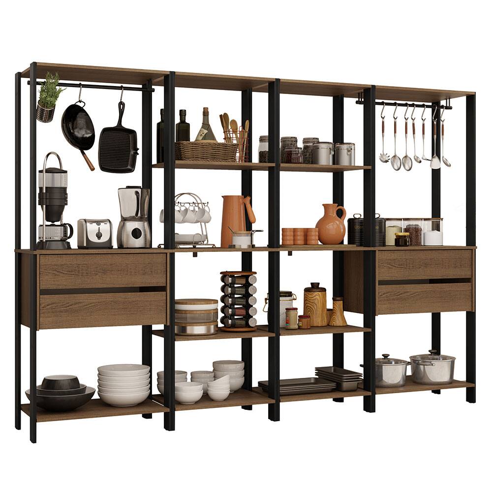 Angle. Madesa - Madesa Kitchen Pantry Storage Rack with 4 Drawers, Open Shelves and Hanging Spaces 102"L - Black/Brown - Rustic/Black.