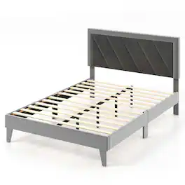Costway - Full Size Bed Frame Upholstered Platform Velvet Headboard Wooden Slats - Gray