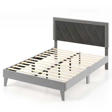 Front. Costway - Costway Full Size Bed Frame Upholstered Platform Velvet Headboard Wooden Slats - Gray.