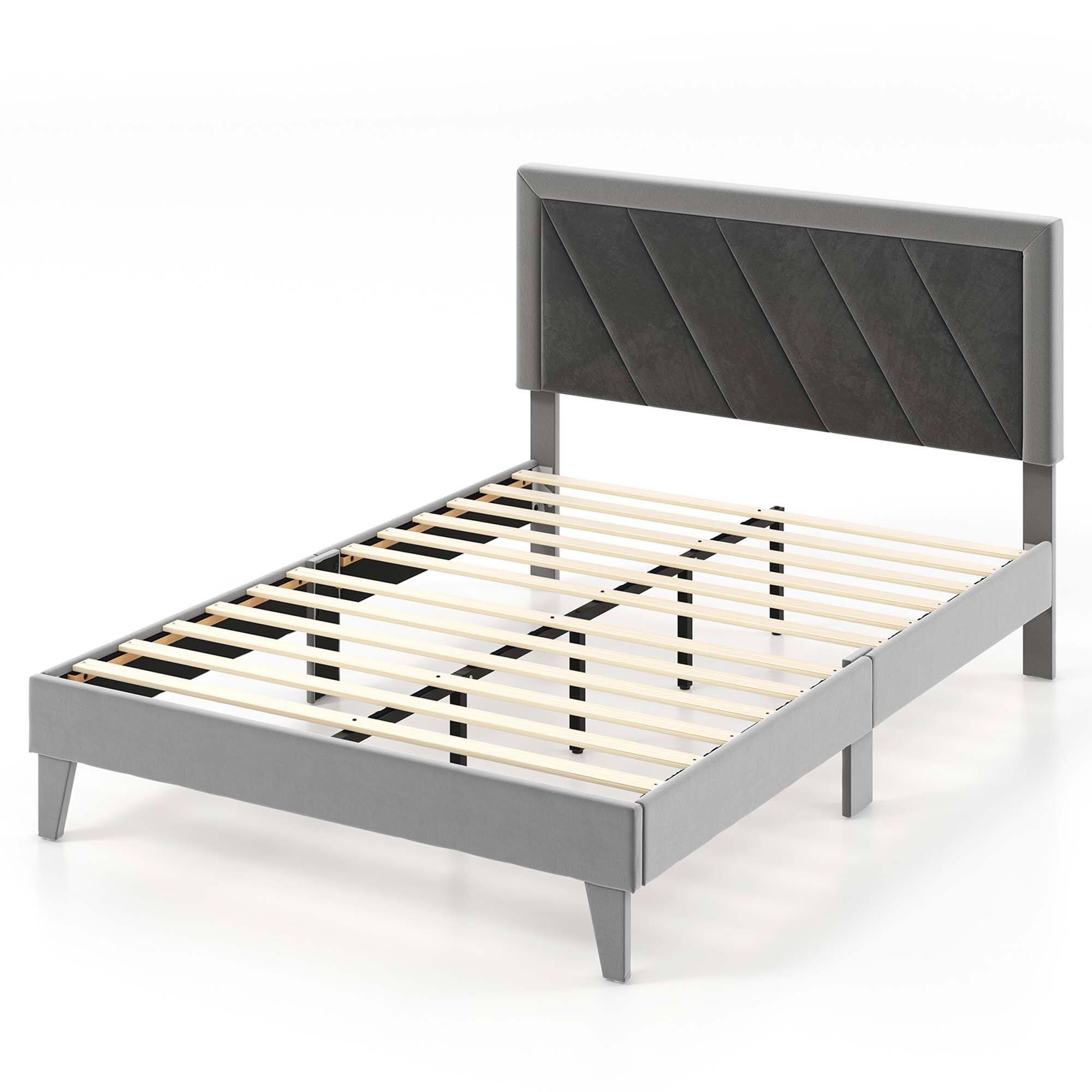 Costway - Full Size Bed Frame Upholstered Platform Velvet Headboard Wooden Slats - Gray