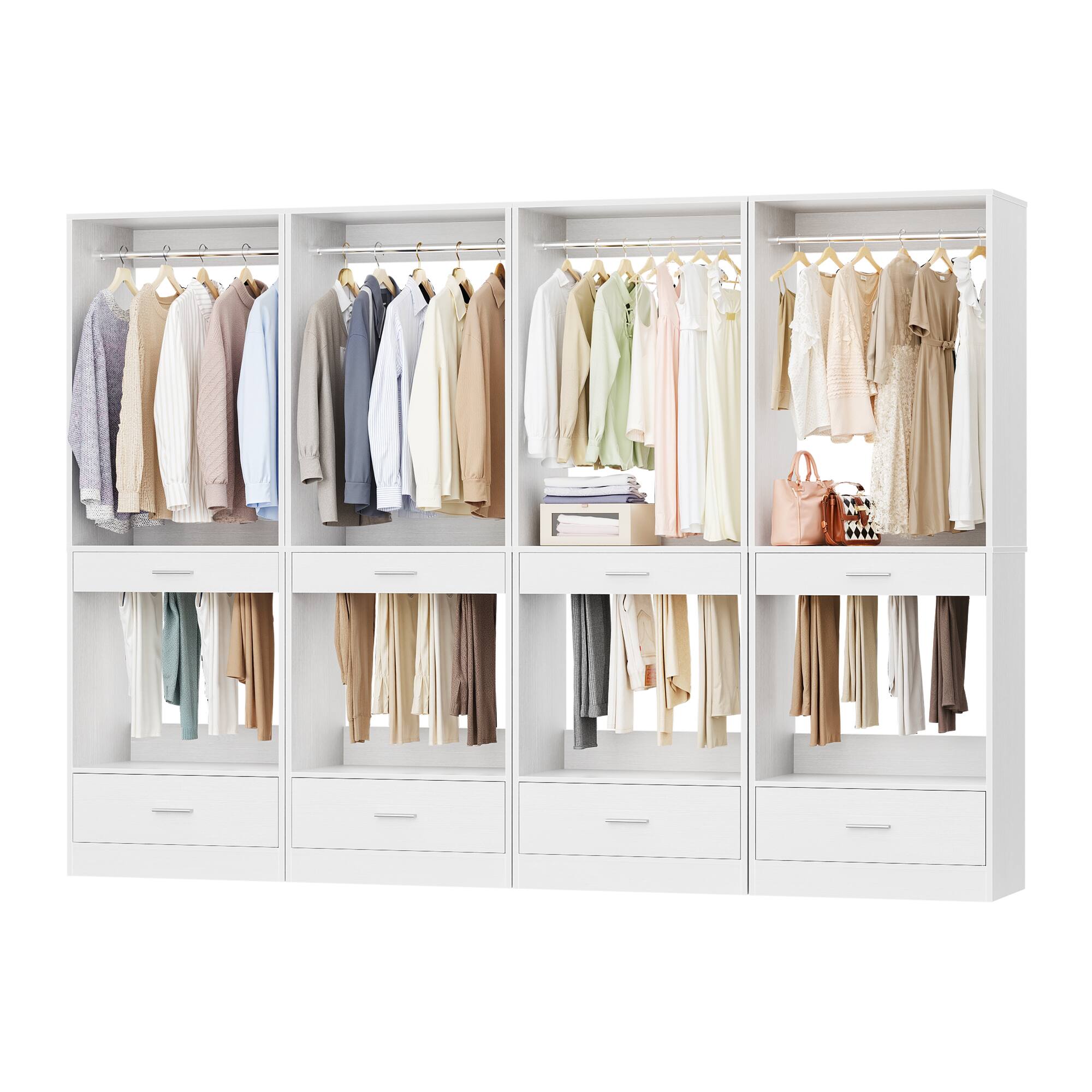 Back. Aheaplus - 7.9FT Large Wardrobe System 4-Piece Set, Freestanding Closet System with Drawers & Hanging Rods, ideal Storage Unit - White.