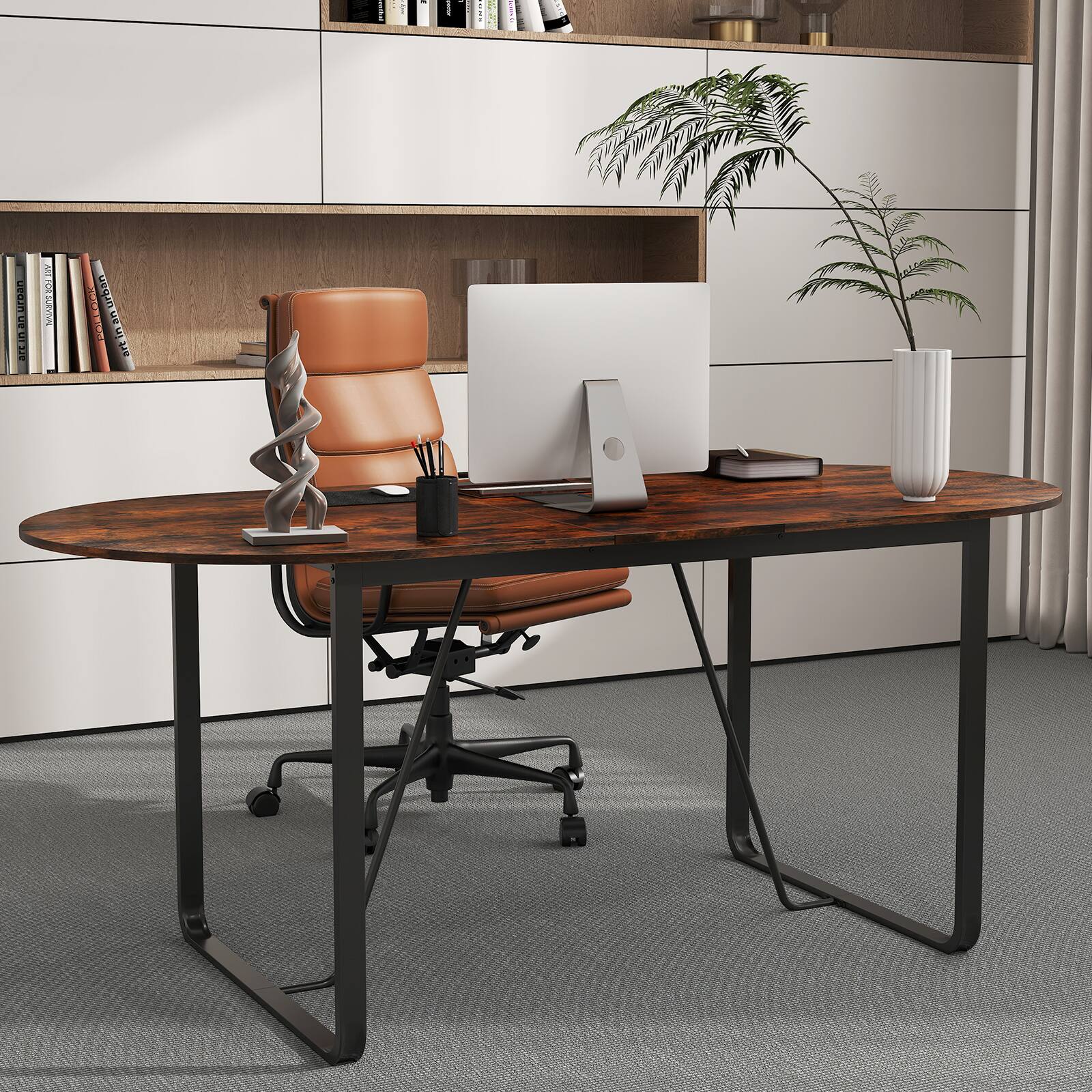 Angle. SlickBlue - Modern Oval Executive Desk with Cable Management for Home Office - Rustic Brown.