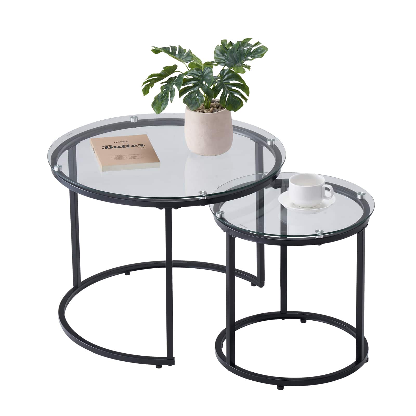 VEVOR - Nesting Coffee Table Set of 2, 23.6 in Round Coffee Table, Glass Nesting Tables for Small Place, Modern End Side Tables - Transparent