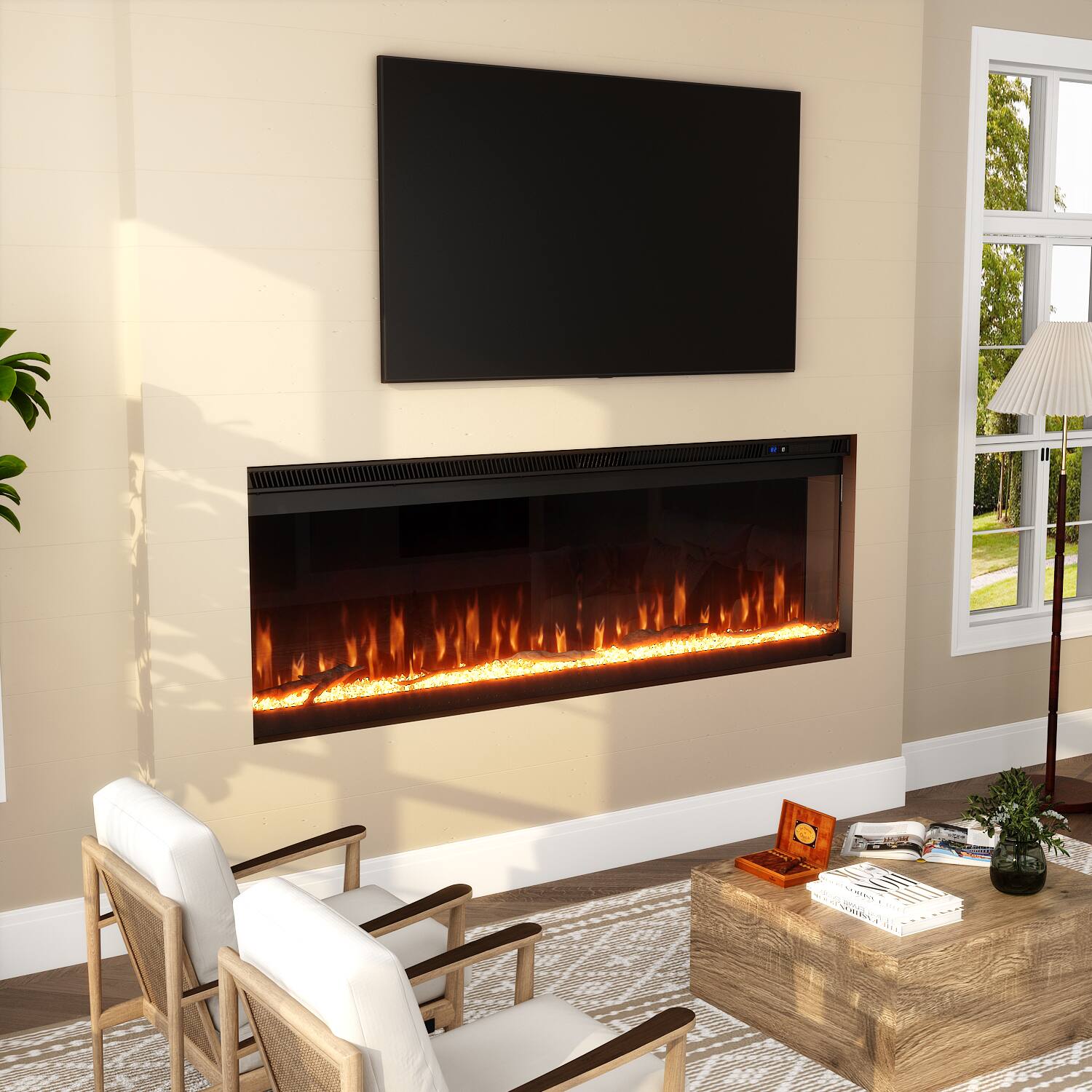 Angle. FUFU&GAGA - 50" 3-Sided Holographic Electric Fireplace with WiFi App Control 12 Flame Colors Timer & Dual Heat Settings - Black.