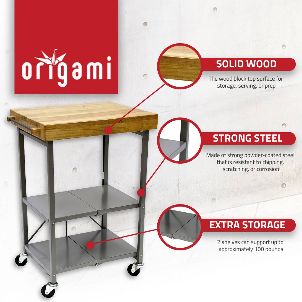 - **SOLID WOOD**
  - The wood block top surface for storage, serving, or prep

- **STRONG STEEL**
  - Made of strong powder-coated steel that is resistant to chipping, scratching, or corrosion

- **EXTRA STORAGE**
  - 2 shelves can support up to approximately 100 pounds