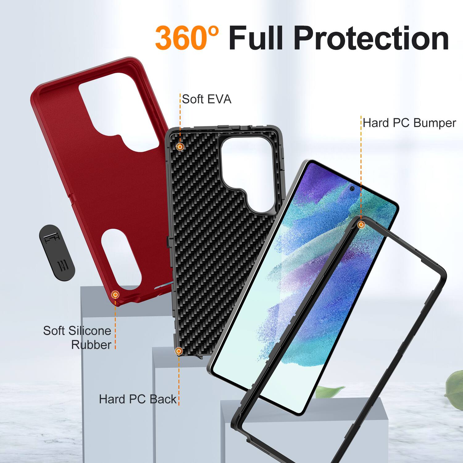 360° Full Protection

- Soft EVA
- Hard PC Bumper
- Soft Silicone Rubber
- Hard PC Back