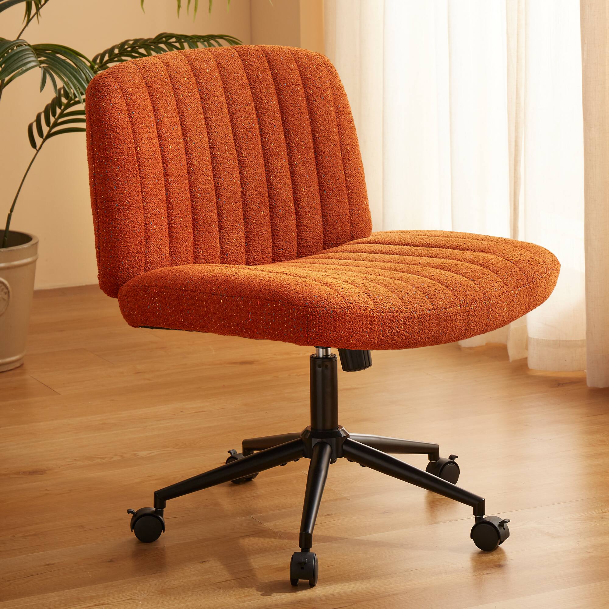Left. Dowinx - Criss Cross Chair with Wheels, Premium Fabric, Pocket Spring Cushion, Wide Swivel Seat, Modern Computer Vanity Chair - Orange.