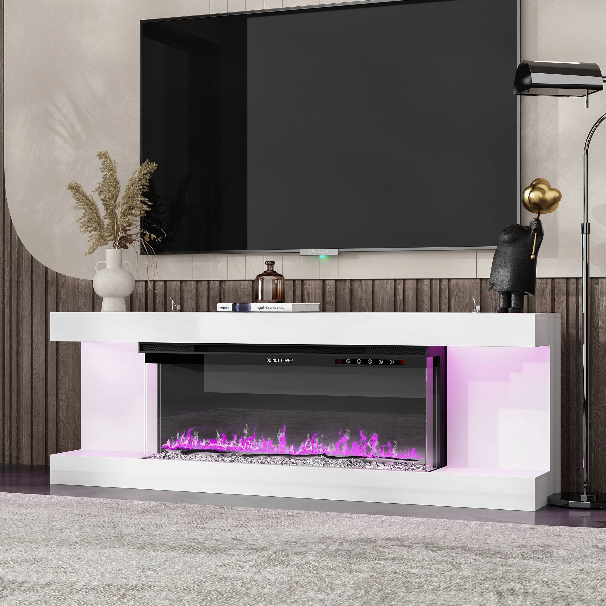 Alt View 1. Famapy - Upto 65" TV Stand with Electric Fireplace and LED Lights, Entertainment Center with Storage for Living Room Heating - White & Black.