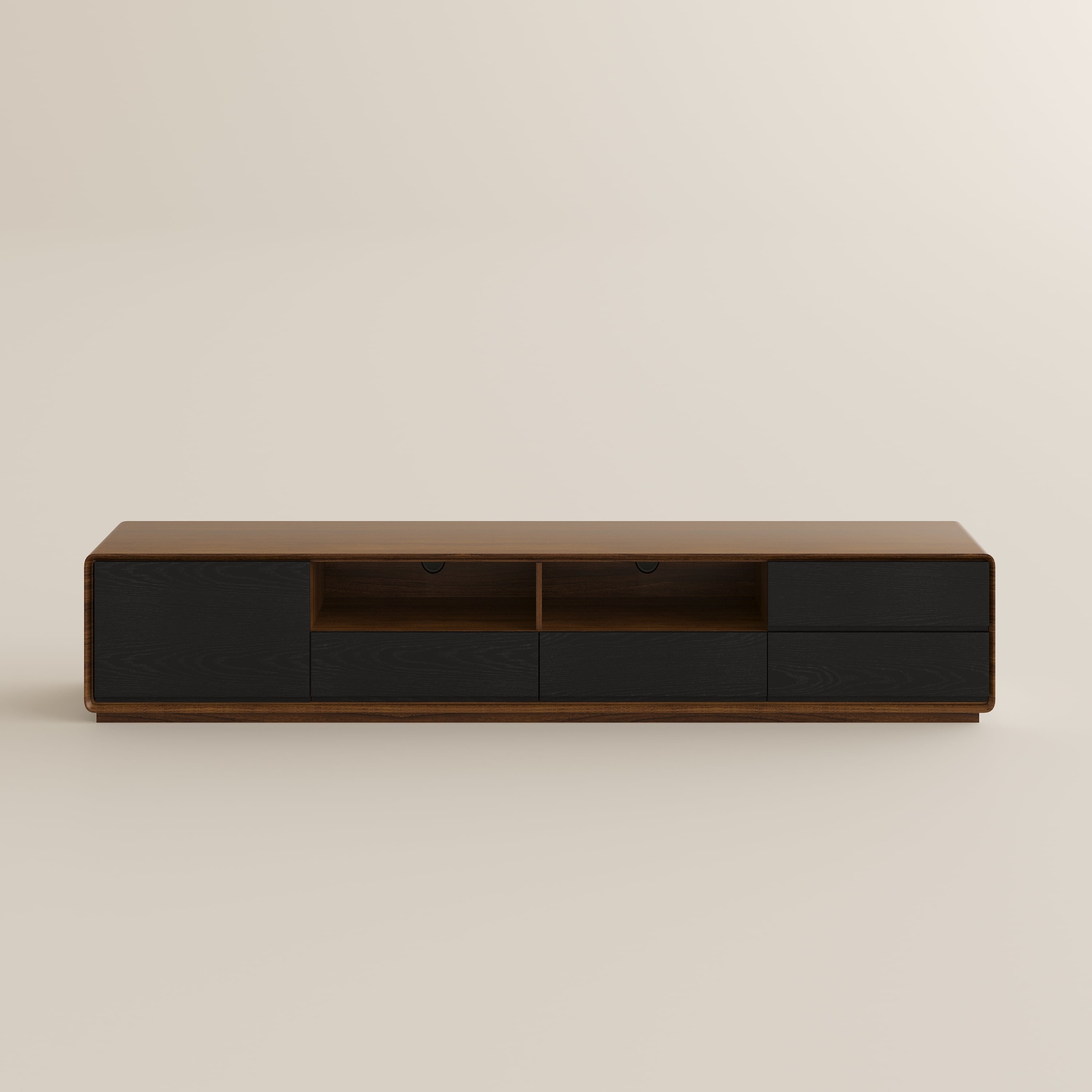 Alt View 8. POVISON - 78" Fully-assembled Modern Wood Black TV Stand, Lowline Media Console with 4 Drawers, Open Storage Cabinet - Dark Wood & Black.