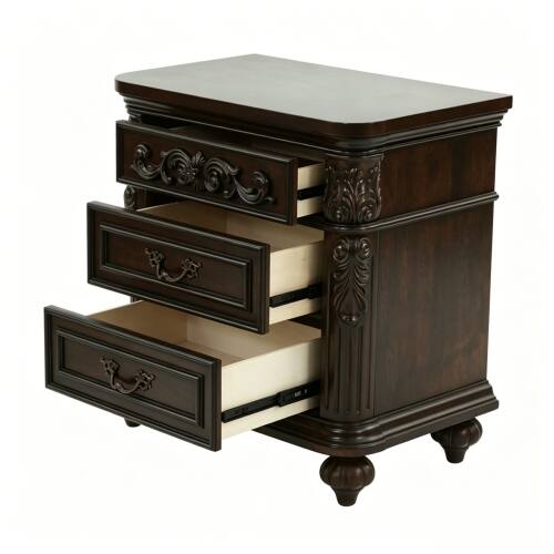 Alt View 1. LUCKY ONE - 28" Assembled 3-Drawer Nightstand Solid Wood Frame Carved - Espresso.