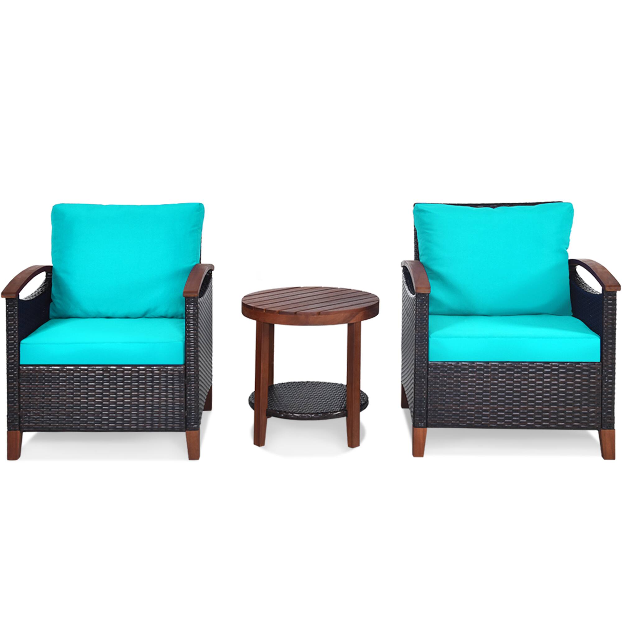 Alt View 7. Gymax - Gymax 3PCS Patio Wicker Rattan Conversation Set Outdoor Furniture Set w/ Turquoise Cushion - Turquoise.