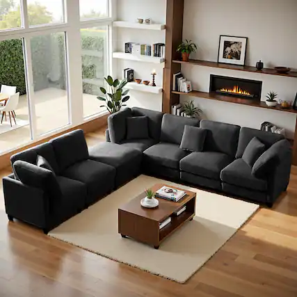 Front. Meqiodas - Modular Sectional Sofa, 7 Seater Cloud Sectional Couch with Movable Ottoman, Chenille Sofa Couch for Living Room - Black.