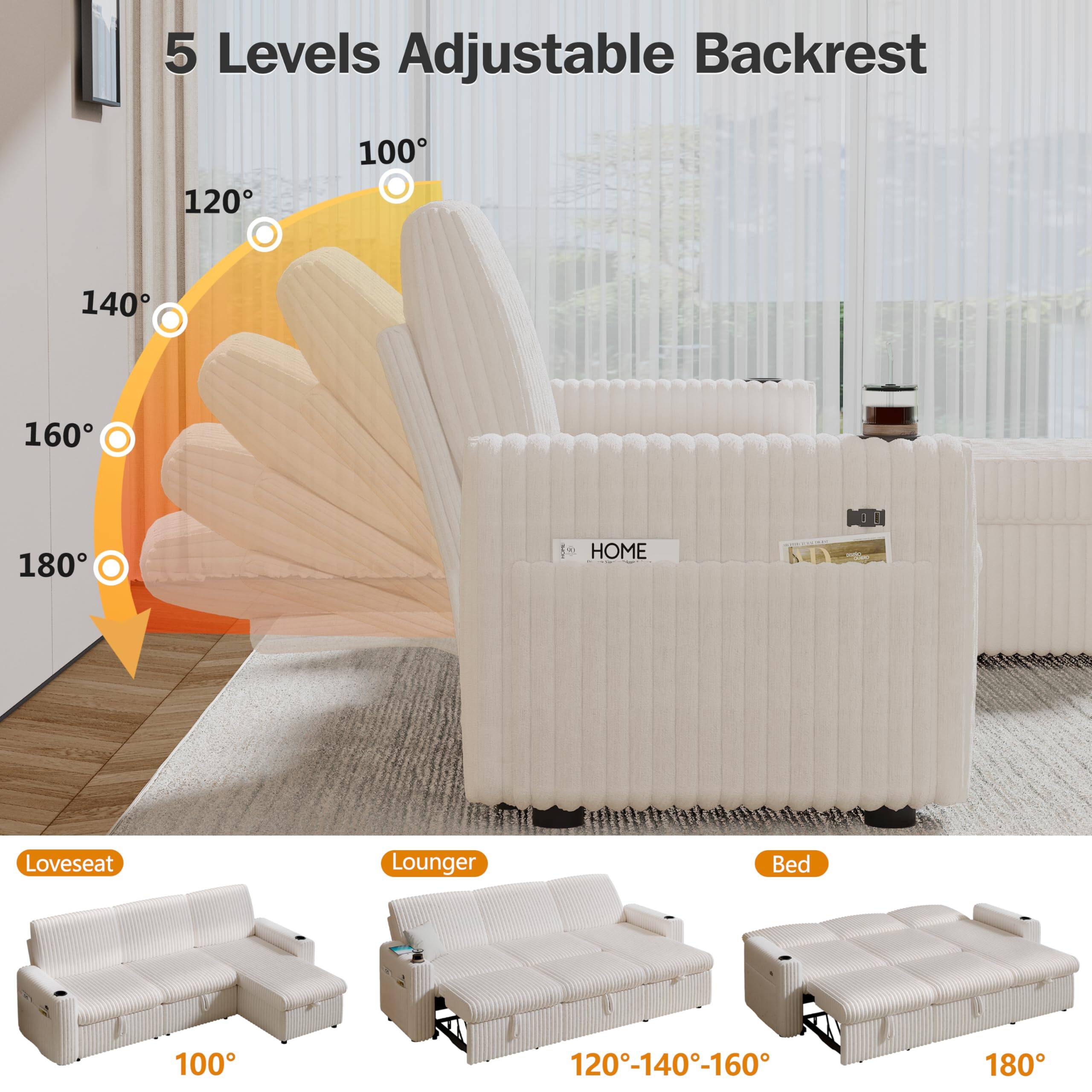 5 Levels Adjustable Backrest
100°
120°
140°
160°
180°
Loveseat: 100°
Lounger: 120°-140°-160°
Bed: 180°