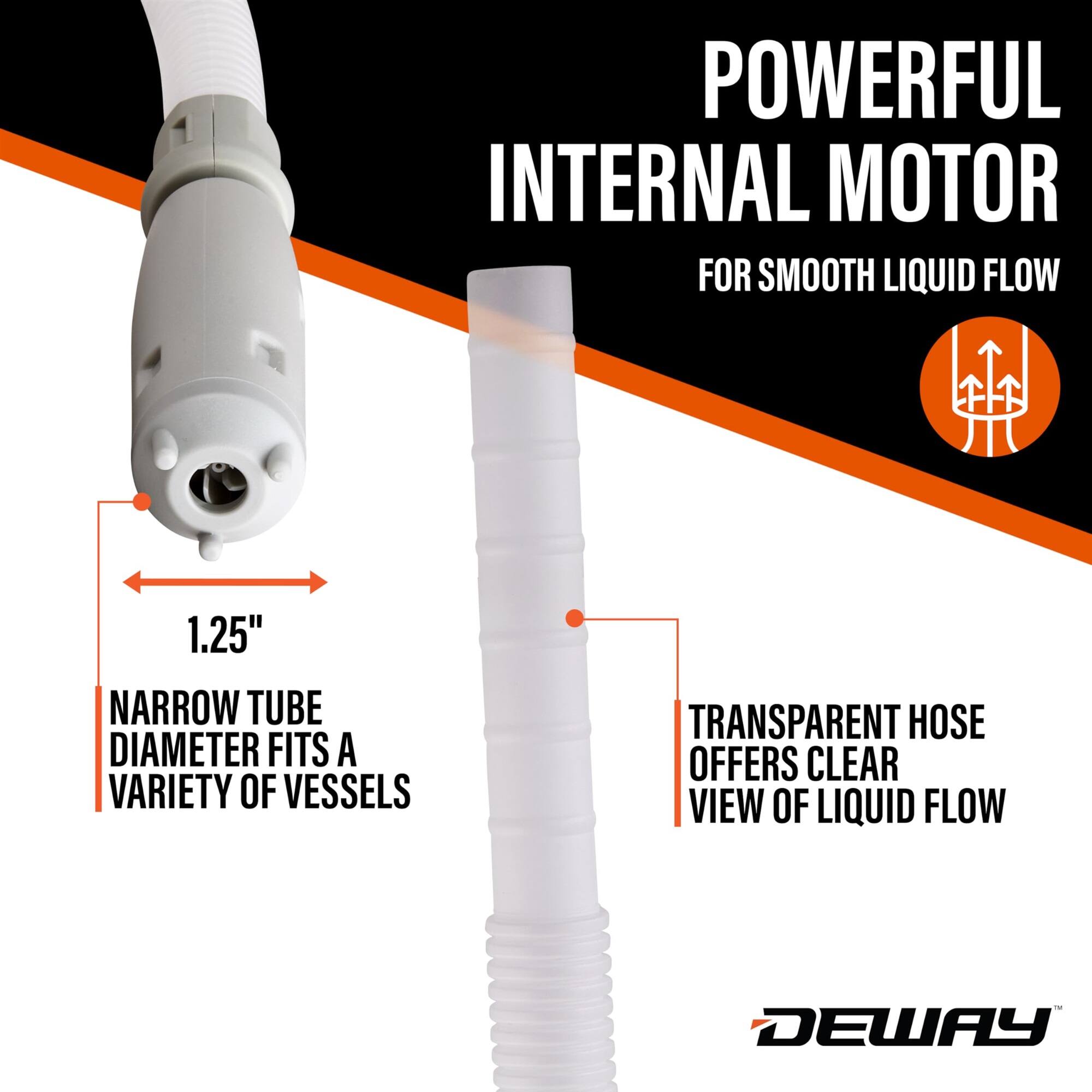 POWERFUL INTERNAL MOTOR FOR SMOOTH LIQUID FLOW
1.25" NARROW TUBE DIAMETER FITS A VARIETY OF VESSELS
TRANSPARENT HOSE OFFERS CLEAR VIEW OF LIQUID FLOW
DEWAY